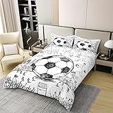 Erosebridal 100% Organic Cotton Football Comforter Cover, Hand Drawn Sketch Soccer Flag Network Team Sports Duvet Cover for Boys Teens Men, 2 Pieces Bedding Set, Full Size, White Black, No Comforter