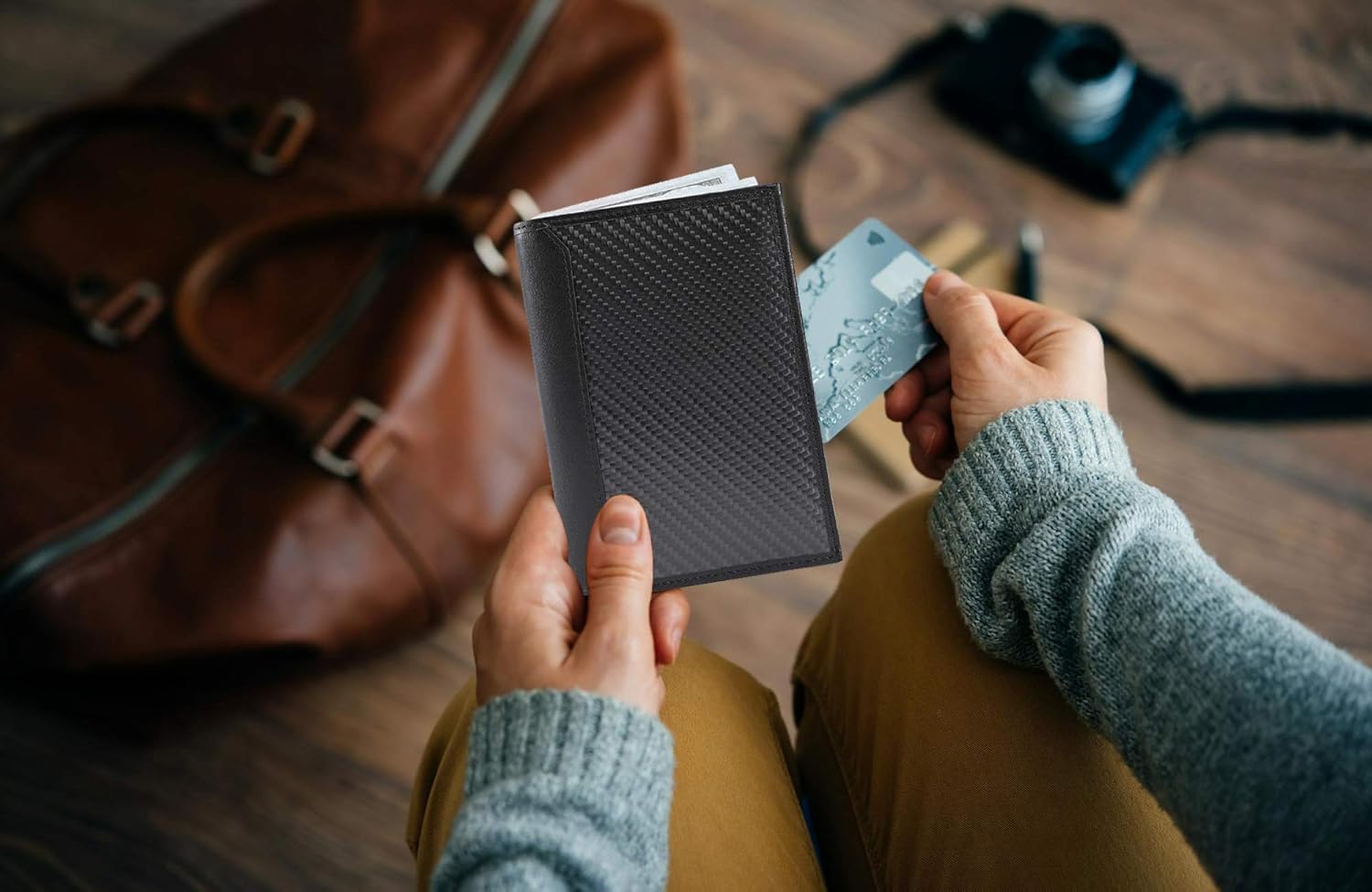  | Carbon Leather Passport Holder RFID Blocking Technology Wallet - Slim, Minimalist Sleeve Wallets for Passports, Credit Cards, ID, Money - For Travel, Black Matte | Passport Wallets