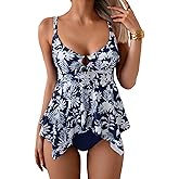 Aidonger Tankini Swimsuit for Women Tummy Control Two Piece Bathing Suit O-Ring Flowy Swimwear Top with Bottom