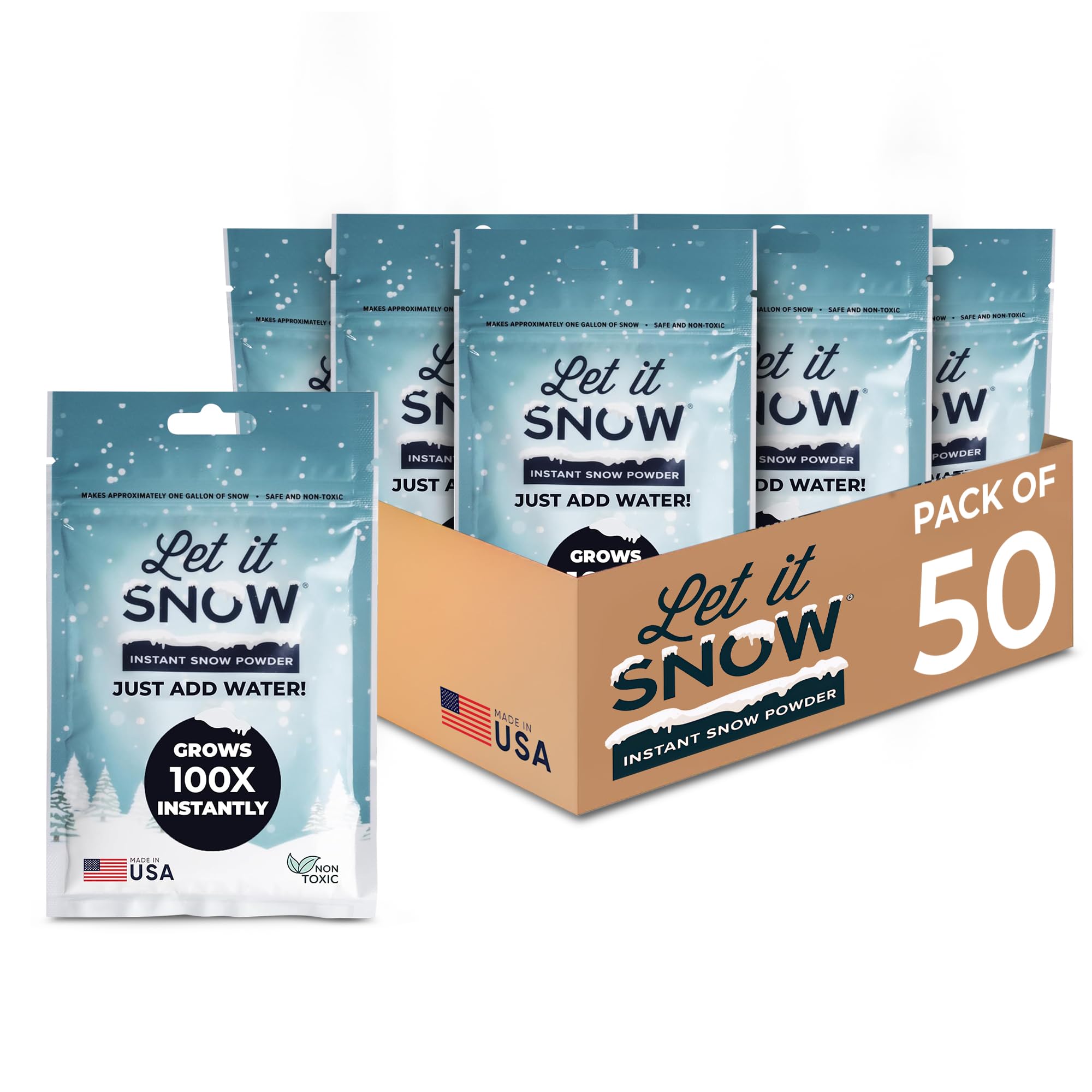 Let it Snow Instant Fake Snow Powder - Made in the USA, Safe & Easy to Use Artificial Snow for Slime, Holiday Decorations, Photography & Sensory Play, 50 Packs, Makes 50 Gallons