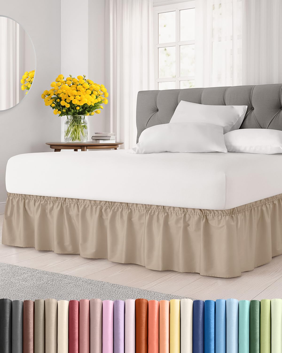 Photo 1 of Wrap Around Dust Ruffle Bed Skirt - Cream - for Queen Size Beds with 18 Inch Drop - Easy Fit Elastic Strap - Adjustable Pleated Bedskirt w/Brushed Fabric - Wrinkle Free - for Women, Men, Kids & Teens