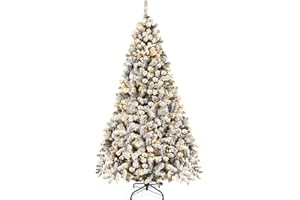 Goplus 7.5ft Pre-Lit Artificial Christmas Tree, Premium PVC Snow Flocked Hinged Pine Tree with Metal Stand and LED Lights, Perfect Xmas Decoration for Indoor and Outdoor