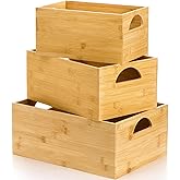 DEAYOU 3 Pack Bamboo Storage Bin, Bamboo Storage Box Crate, Natural Nesting Organizer, Stackable Cubby Basket Container Holder with Handle for Display, Book, Toy, Snack, Decor, Modular Open, 3 Sizes