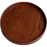 Solid Wood Serving Tray, Decorative Serving Trays Platter Round Non-Slip Tea Coffee Snack Plate Food Meals Serving Tray with Raised Edges for Home Kitchen Restaurant (11.8inch, Brown)