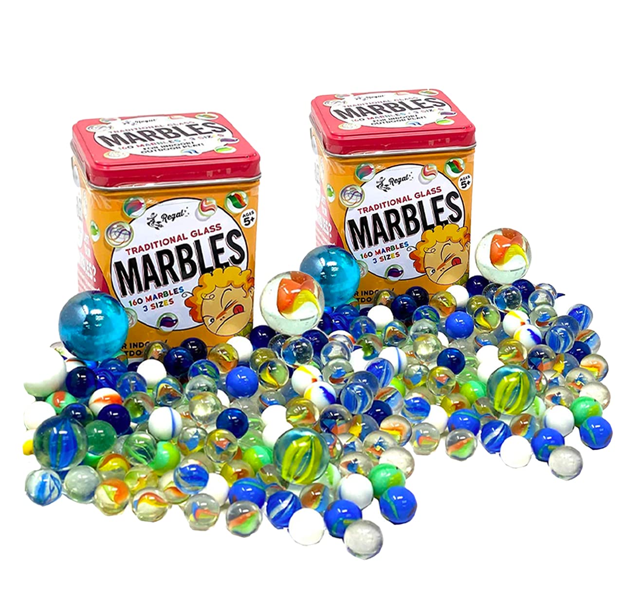 Regal Games 160 Count Traditional Glass Marbles with a Storage Tin, 3 Sizes, Variety of Patterns