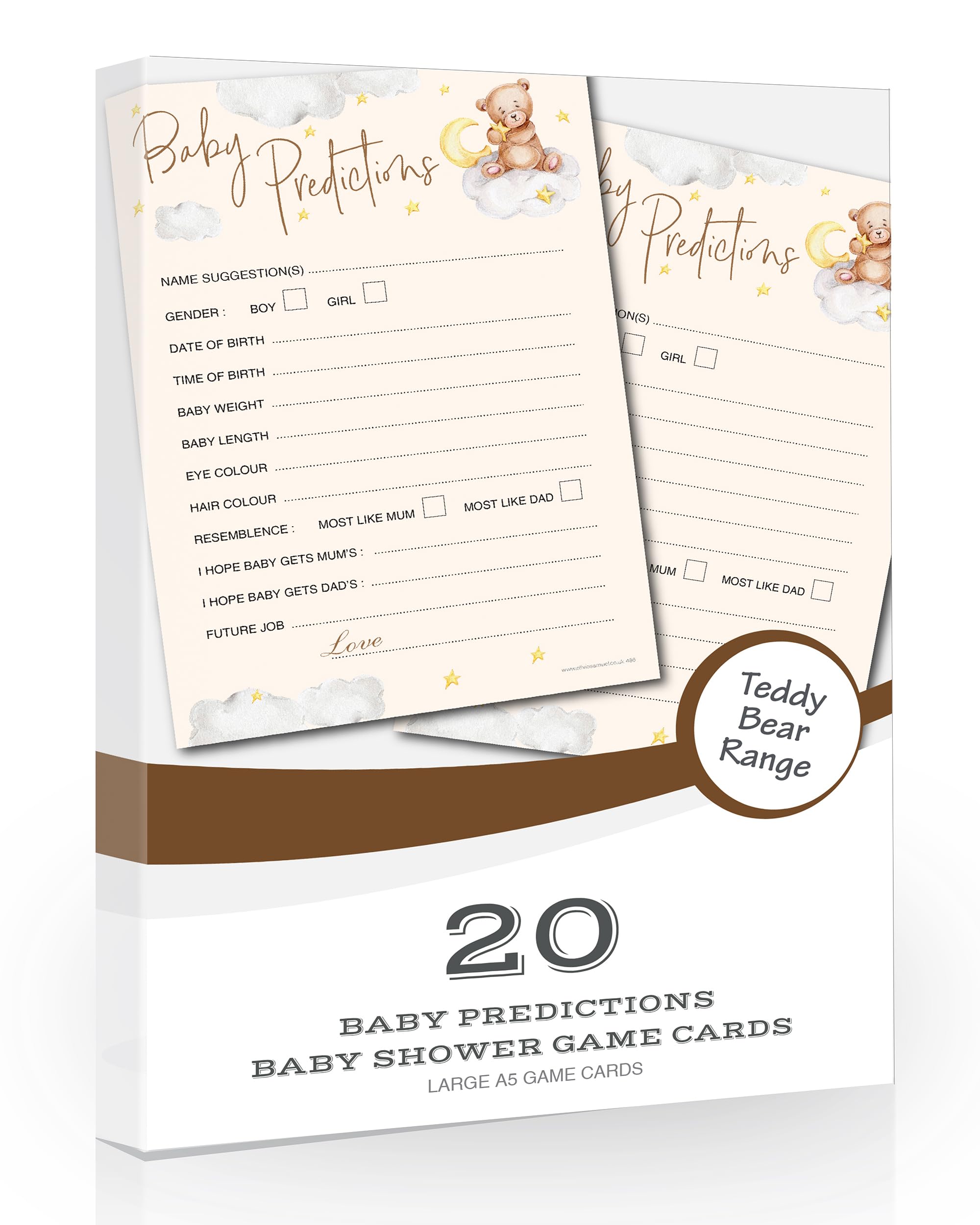 20 x A5 Baby Prediction Cards Teddy Bear Themed Baby Shower Game – Unisex – Made in the UK
