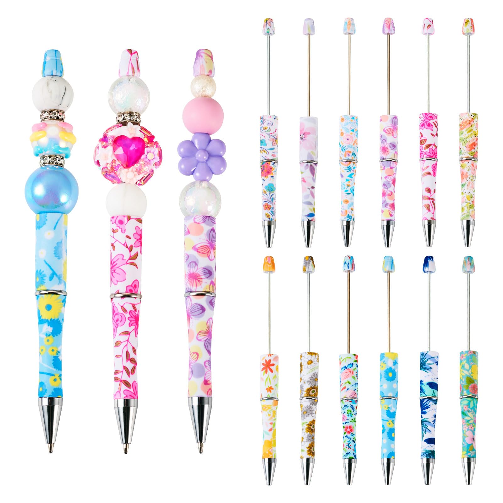 Cheriswelry 12Pcs Flower Pattern Plastic Beadable Pens Mixed Color Ball-Point Pen for DIY Personalized Pen with Jewelry Bead