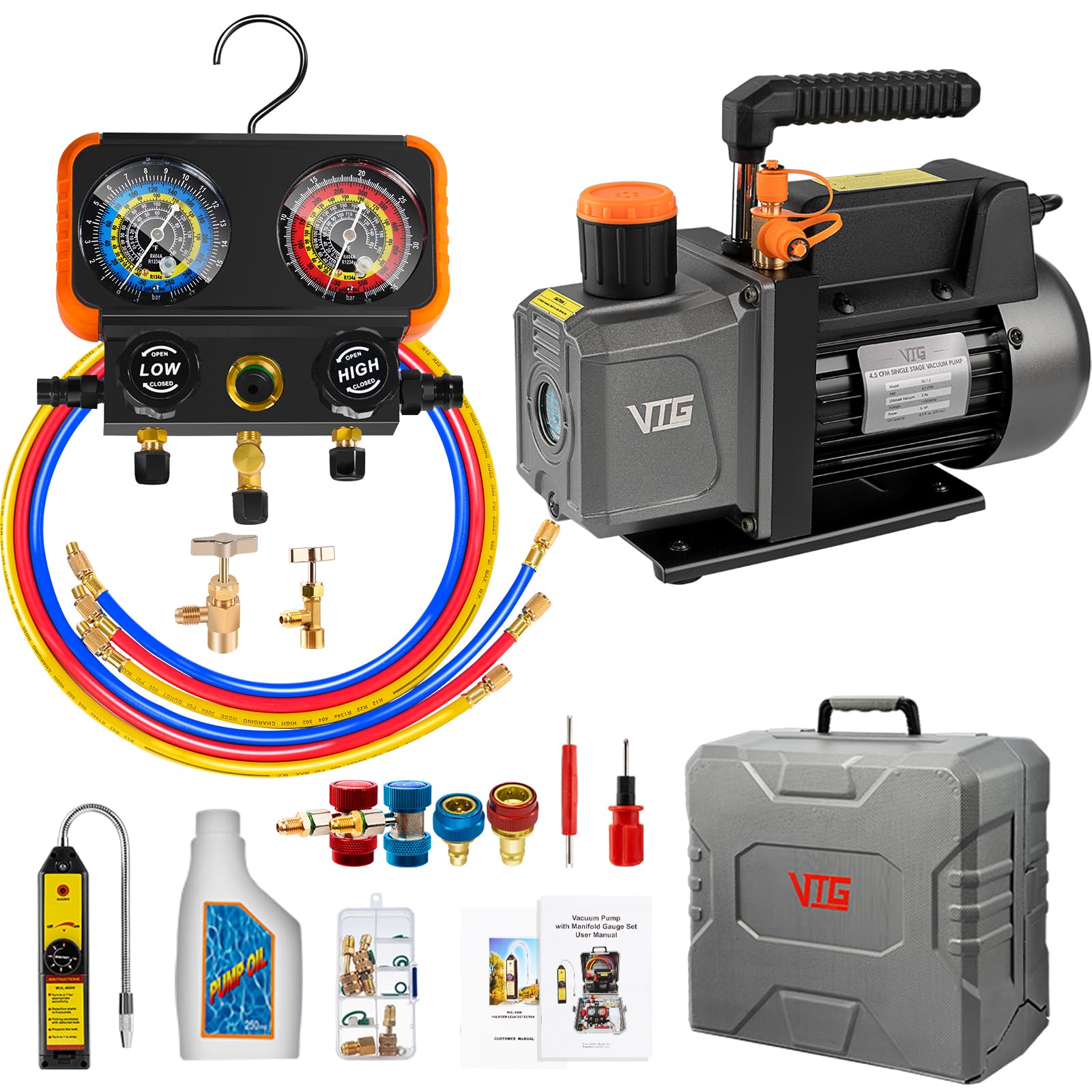 VIOT HVAC Tool Kit – 2-Stage Vacuum Pump + Manifold Gauge Set + R134a Coupler & Tap
