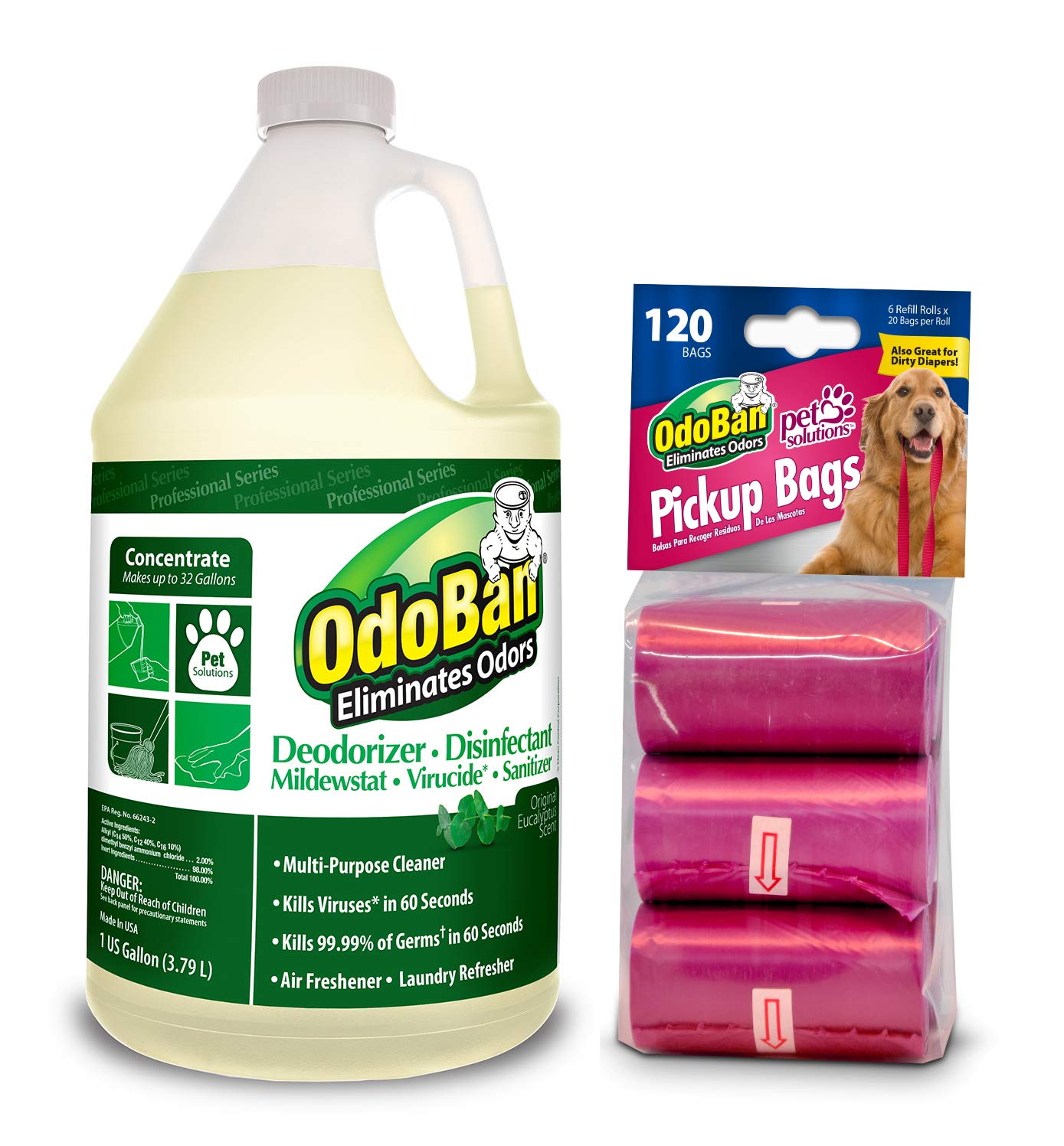 OdoBan Professional Cleaning and Odor Control Solutions, 1 Gallon Concentrate Eucalyptus Scent, and Dog Waste Pickup Bags, 120 Count