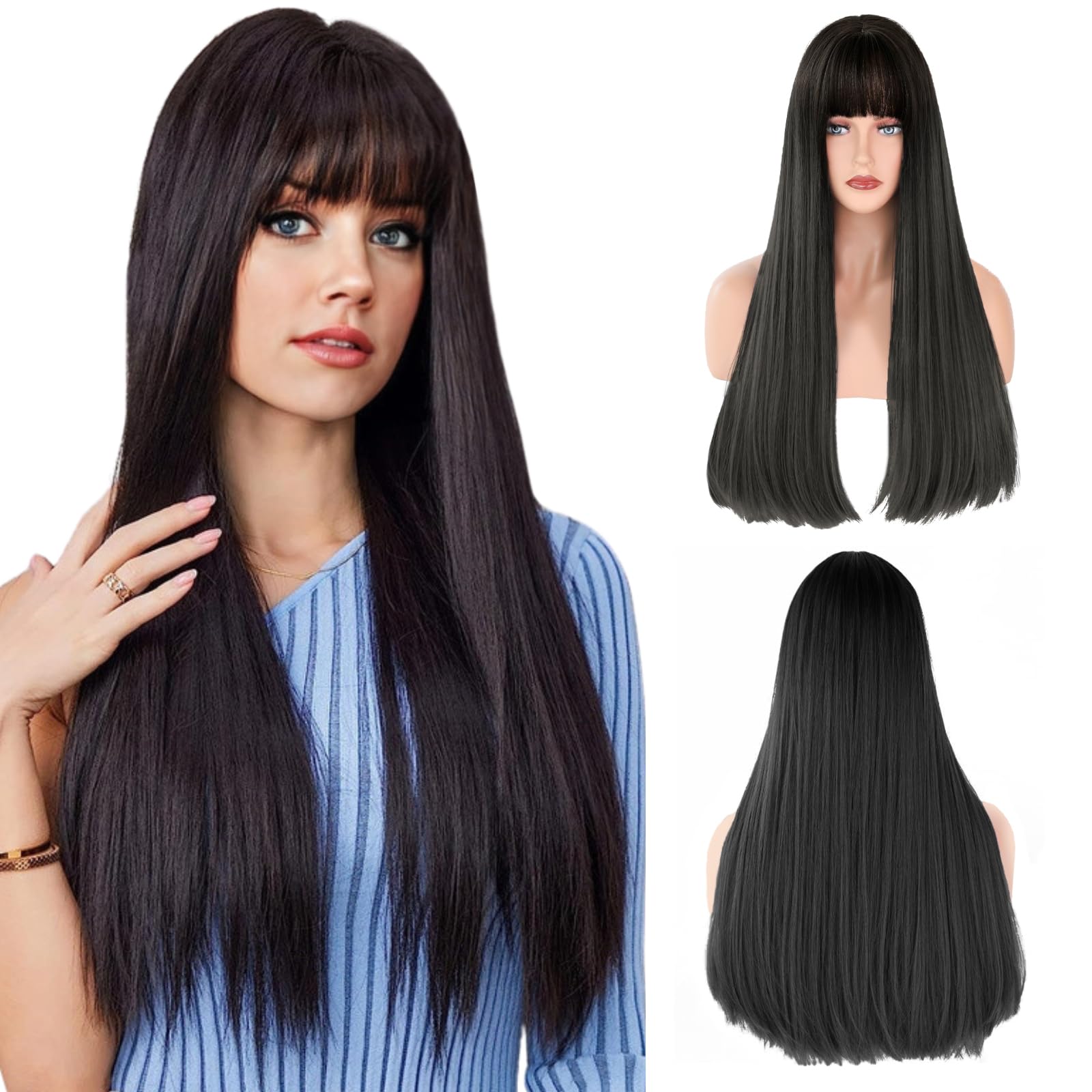 LUFFLOK Black Long Straight Wig With Flat Bangs for Women - Natural Shoulder Length Heat Resistant Synthetic Hair for Party Cosplay Daily Use - 28" Black