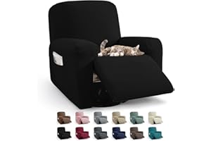 JIVINER 3 Piece Recliner Chair Cover Stretch Lazy Boy Non Slip Covers for Recliner with Pockets Soft Jacquard Reclining Sofa Slipcovers Furniture Protector with Elastic Bottom (1 Seater, Black)
