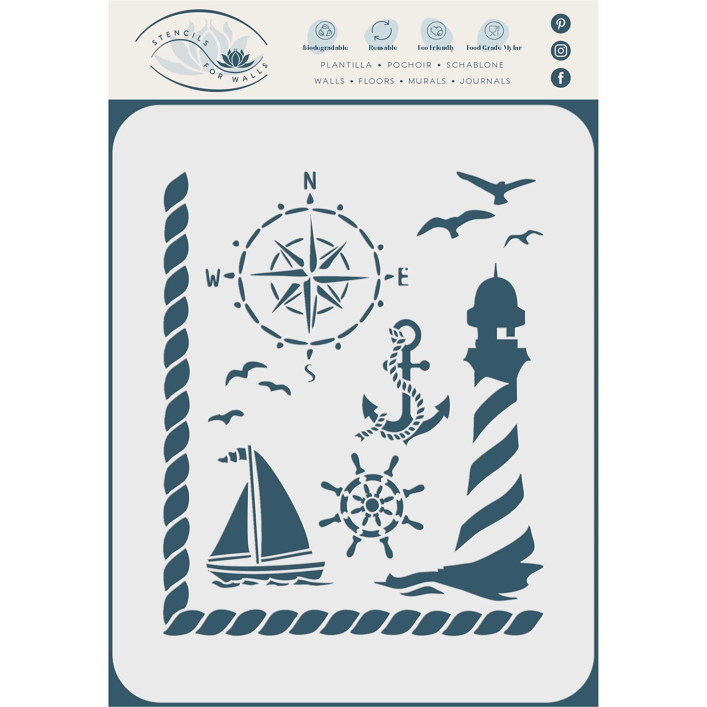 Nautical Stencil, 16.5 x 19 cm (M) - Ocean Seashore Lighthouse Compass Lifebuoy Ships Wheel Stencils for Painting Template
