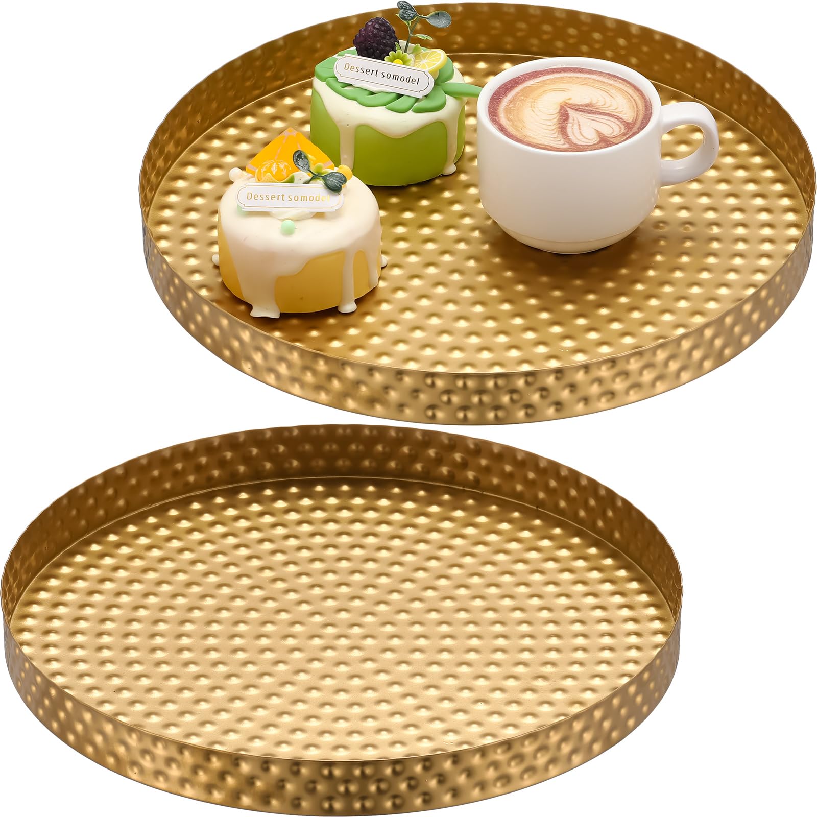 Photo 1 of Funnymoom 2 Pcs Hammered Round Serving Tray for Wedding 11 Inch Gold Decorative Tray Bar Plate Dish Gold Vanity Plate Jewelry Dish Key Bowl for Wedding Bathroom Candle Perfume Countertop