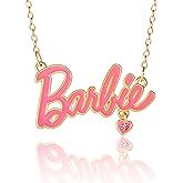 Barbie Necklace Official License, 16"+2" 18k Yellow Gold Flash-Plated Necklace with Pink Crystal, Valentine Gifts for Her