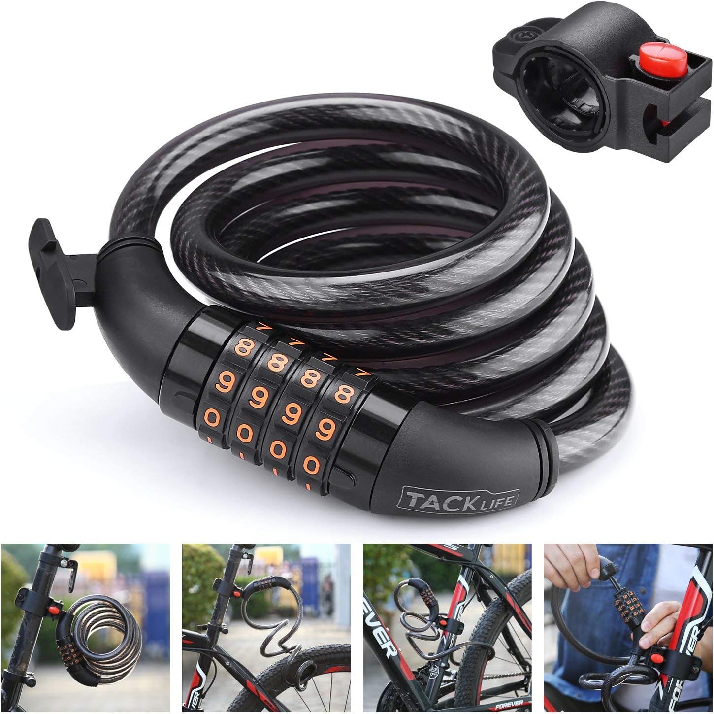 TACKLIFE Cable Bike Lock, HCL1C 4-Feet Resettable Combination Bike Cable Self Coiling Bicycle Cable Locks with Complimentary Mounting Bracket, 4 Feet x 1/2 Inch