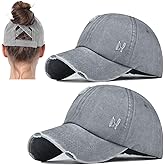 2 Packs Womens Ponytail Criss Cross Hat Baseball Cap Distressed Ponytail Hat High Messy Bun Trucker Ponycap
