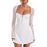 Women 's Elegant Bodycon Dress Lace Patchwork Long Sleeve Low Cut Mini Dress Backless Tie-up Going Out Dress