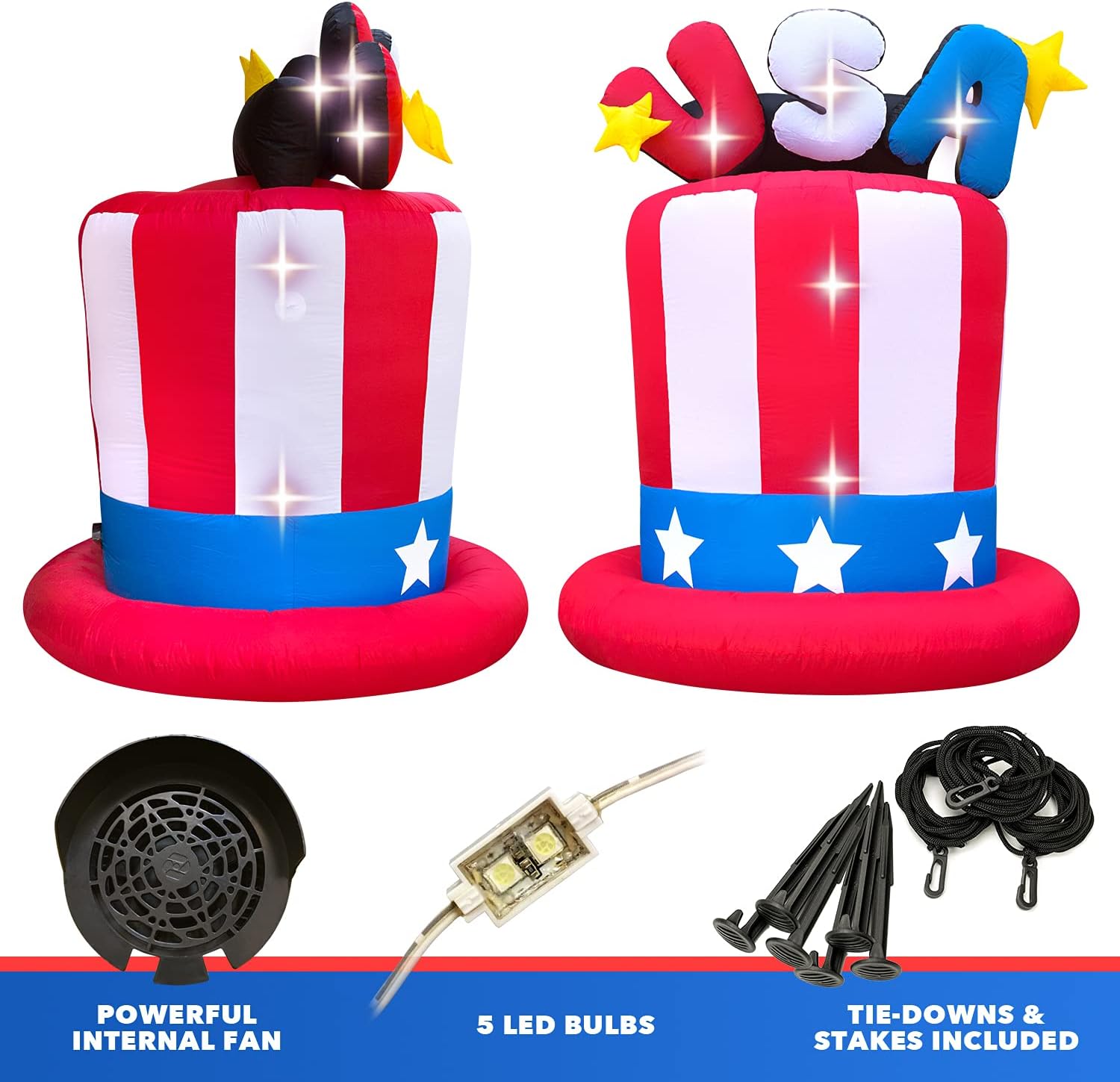 Holidayana 4th of July 6 ft USA Hat Inflatable - Fourth of July Inflatable Outdoor Decoration, Memorial Day Top Hat Yard Decor, Bright Internal Lights, Built-in Fan, and Included Stakes and Rope: Garden & Outdoor