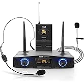 PYLE Compact UHF Wireless Microphone System - Pro Portable 1 Channel Desktop Digital Mic Receiver Set w/ Belt-Pack Transmitter, Receiver, Headset and Lavalier Mics, XLR, For Home, PA PDWM1988B,Black