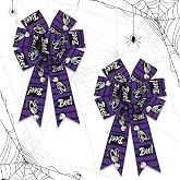 Bllavie 2Pcs Halloween Wreath Bows Purple Black Stripe Ribbon Bow Streamers | 12.99x8.46 In Skeleton Cat & Boo Ribbon Bows for Halloween Wreath, Spooky Purple Indoor Outdoor Decor, 2 Pack