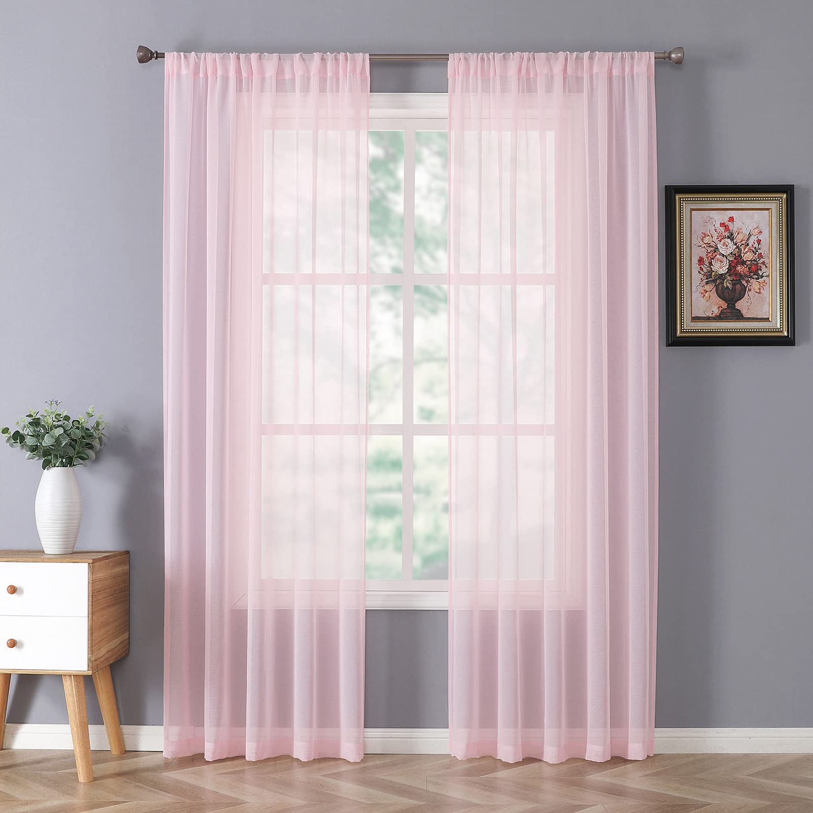 Photo 1 of Tollpiz Sheer Curtains Linen Textured Bedroom Curtain Sheers Light Filtering Rod Pocket Voile Curtains for Living Room, 54 x 84 inches Long, Pink, Set of 2 Panels