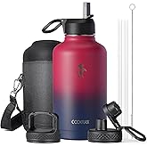 Half Gallon Water Bottle Insulated with Straw & 3 Lids, Coolflask 64 oz Water Jug Large Metal Stainless Steel Wide Mouth for Sports, Gym or Office, Non-BPA Keep Cold 48H Hot 24H, Ombre Wine/Navy