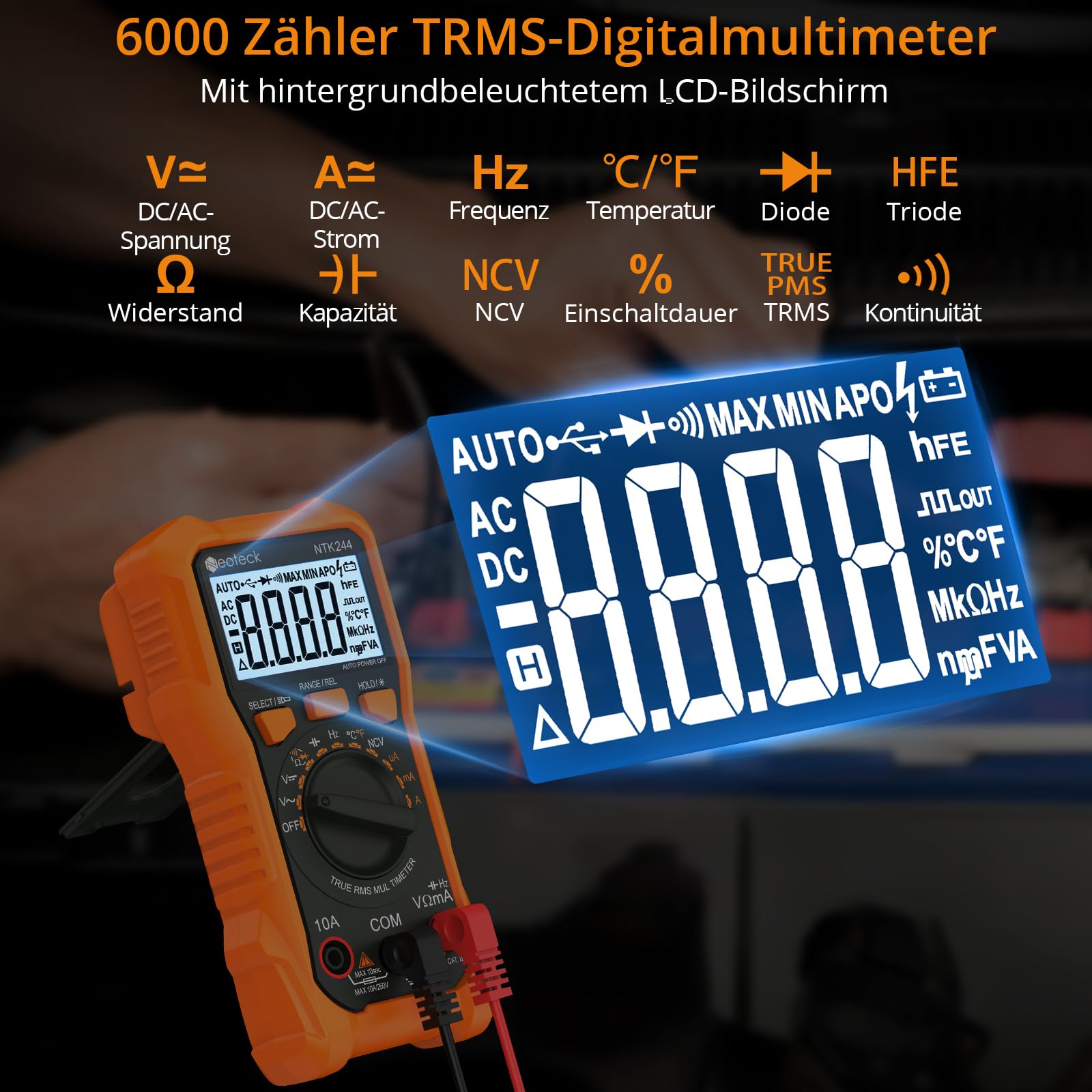 Neoteck Digital Multimeter Voltmeter 6000 Zähler Spannungsprüfer AC/DC Strom Spannung Widerstand Kapazität NCV Frequenz Temperatur Messgerät mit Krokodilklemme 2