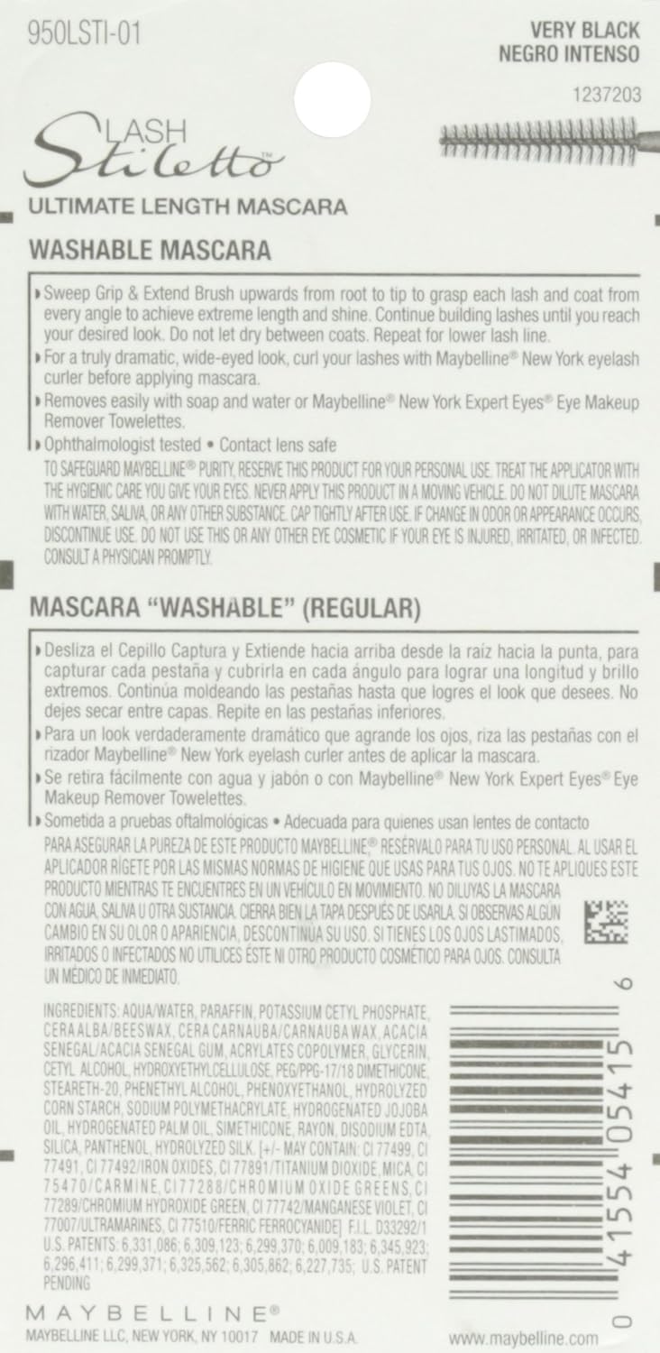 Maybelline New York Makeup Lash Stiletto Ultimate Length Washable Mascara, Very Black Mascara, 0.22 fl oz : Beauty