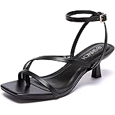 SHMCH Kitten Heels for Women Low Strappy Lace Up Heels Square Toe Thong Ankle Strap Heels Fashion Comfort Dress Shoes