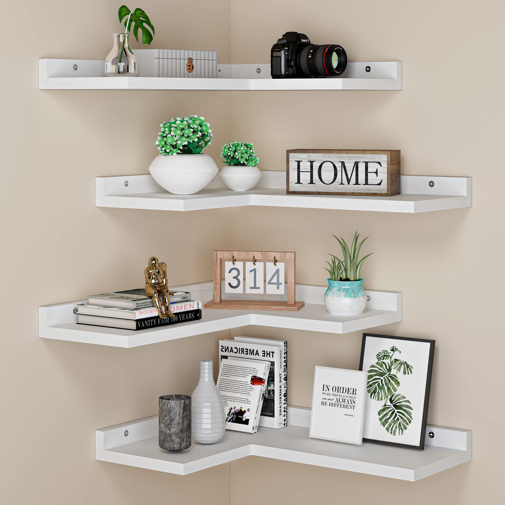 Photo 1 of 4 Tier Floating Corner Shelves White Set of 4, Rustic Pine Wooden Floating Corner Wall Shelf for Wall Décor Storage, L Shaped Corner Shelf Wall Mount for Bedroom, Living Room, Bathroom, Kitchen