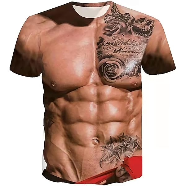 Men's Funny Muscle Shirt With Fake Six Pack Abs | Short Sleeve Novelty Tee | 100% Cotton Casual Summer T-Shirt