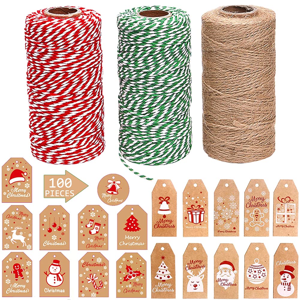 3 Rolls Christmas Twine String + 100 Pcs Brown Kraft Paper Tags Card, Xmas Present Labels Wrappring Kit, Red and Green Cotton String Natural Jute Twine for DIY Crafts Gift Wrap Decor Pendant