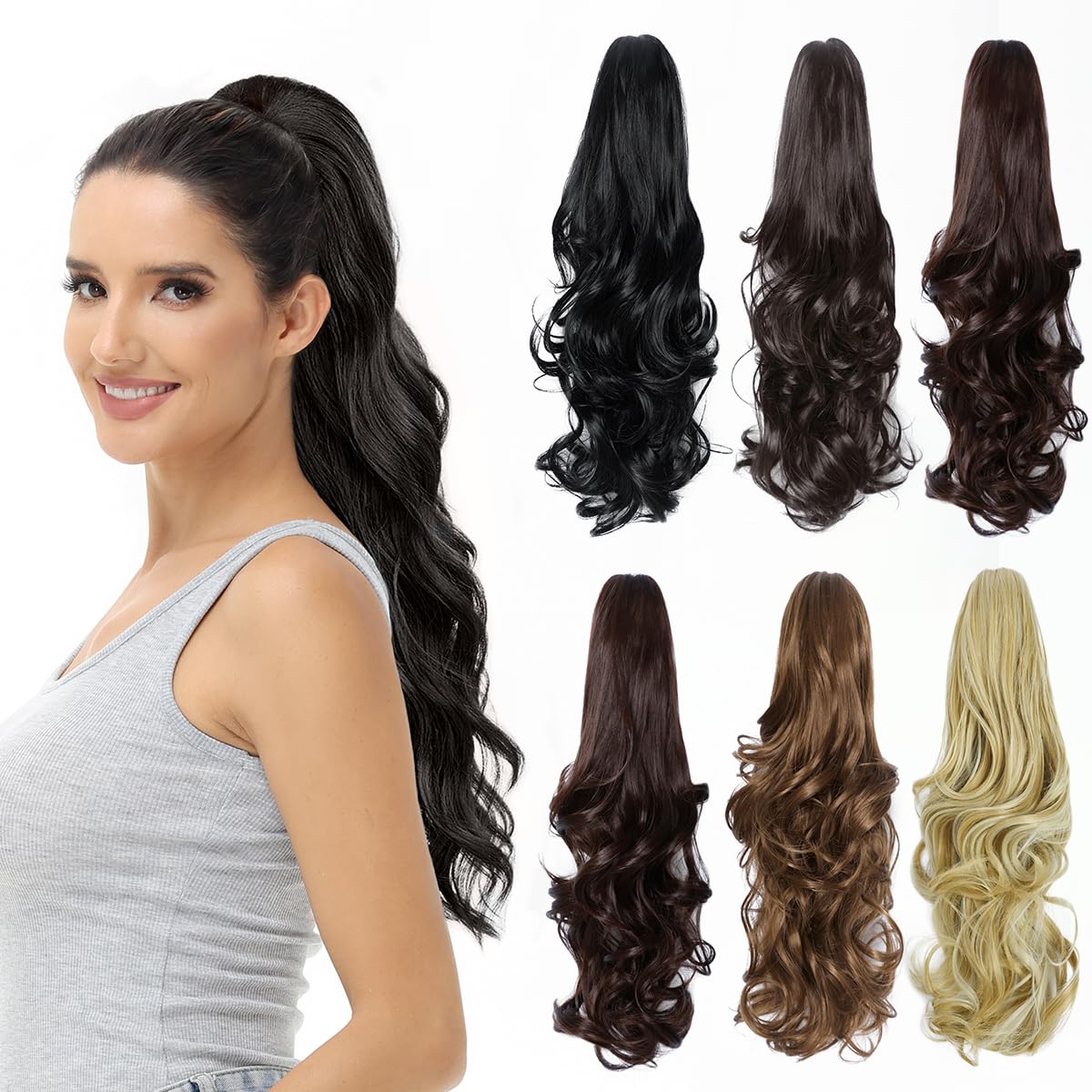 BUYOGET Ponytail Extension Long Curly Wavy Claw Jaw Clip in Synthetic Hairpiece Pony Tail Tale 16 Inches Light Brown โ image 1
