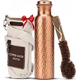 CLEO HOME 100% Pure Copper Water Bottle for Drinking, 34 Oz Hammered Ayurvedic Copper Bottle for Drinking Water | Leak-Proof &amp; Eco-Friendly | For Yoga, Office, Travel with Canvas Carry Bag &amp; Brush