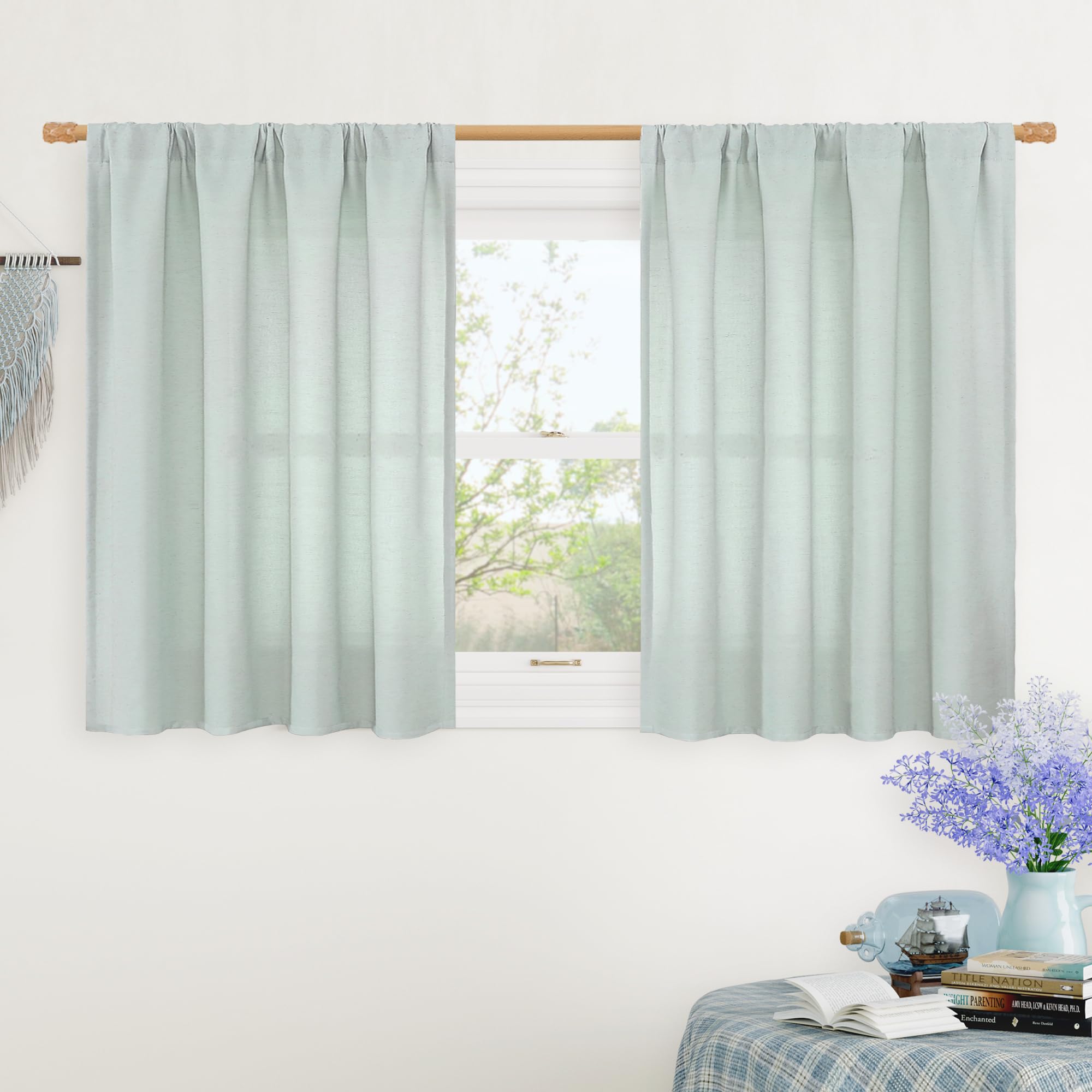 Photo 1 of LAMIT Linen Curtains 36 Inch Length 2 Panels for Kitchen/Cafe, Light Filtering Linen Textured Panels Rod Pocket Boho Short Privacy Drapes for RV Basement/Small Windows, 42 x 36 Inch, Light Blue