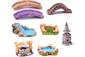 XFGSYXS 8 Pcs Fairy Garden Accessories Outdoor Resin Miniature Bridge Figurines Mini Lighthouse Tiny Water Well Micro Pond Small Lawn Ornaments Kit for DIY Craft Gift Landscape Dollhouse Succulents Home Decor