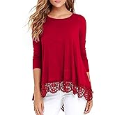 RAGEMALL Women's Tops Long Sleeve Lace Trim O-Neck A-Line Tunic Blouse Tops for Women