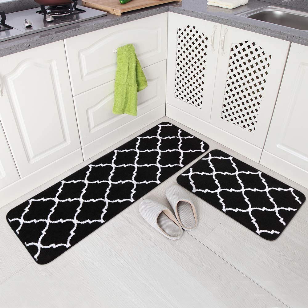 Carvapet 2 Piece Non-Slip Kitchen Rugs Machine Washable Moroccan Pattern Doormat Kitchen Floor Mat (Black)