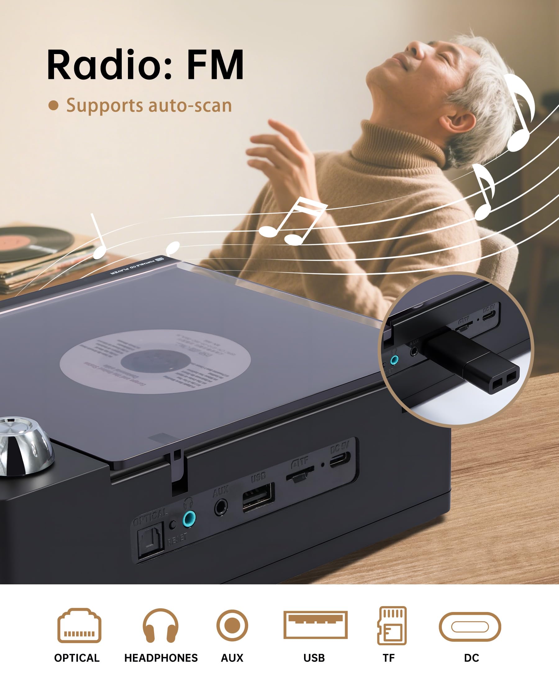 CD Player Portable with Bluetooth and Speakers: Rechargeable 4000mAh Battery, Bluetooth 5.3 Transmitter & Receiver, FM Radio, USB/TF/AUX, Optical Out, A-B Repeat - Home Audio Music Player