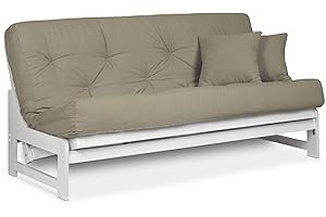 Nirvana Futons Arden White Futon Set Full or Queen Size - Armless Wood Futon Frame with Mattress Included (Twill Khaki), Space Saving Modern Sofa Bed Sleeper