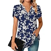 POPYOUNG Womens Plus Size Business Summer Henley Tunic Tops Button Down T-Shirts Petal Sleeve V-Neck Casual Blouses