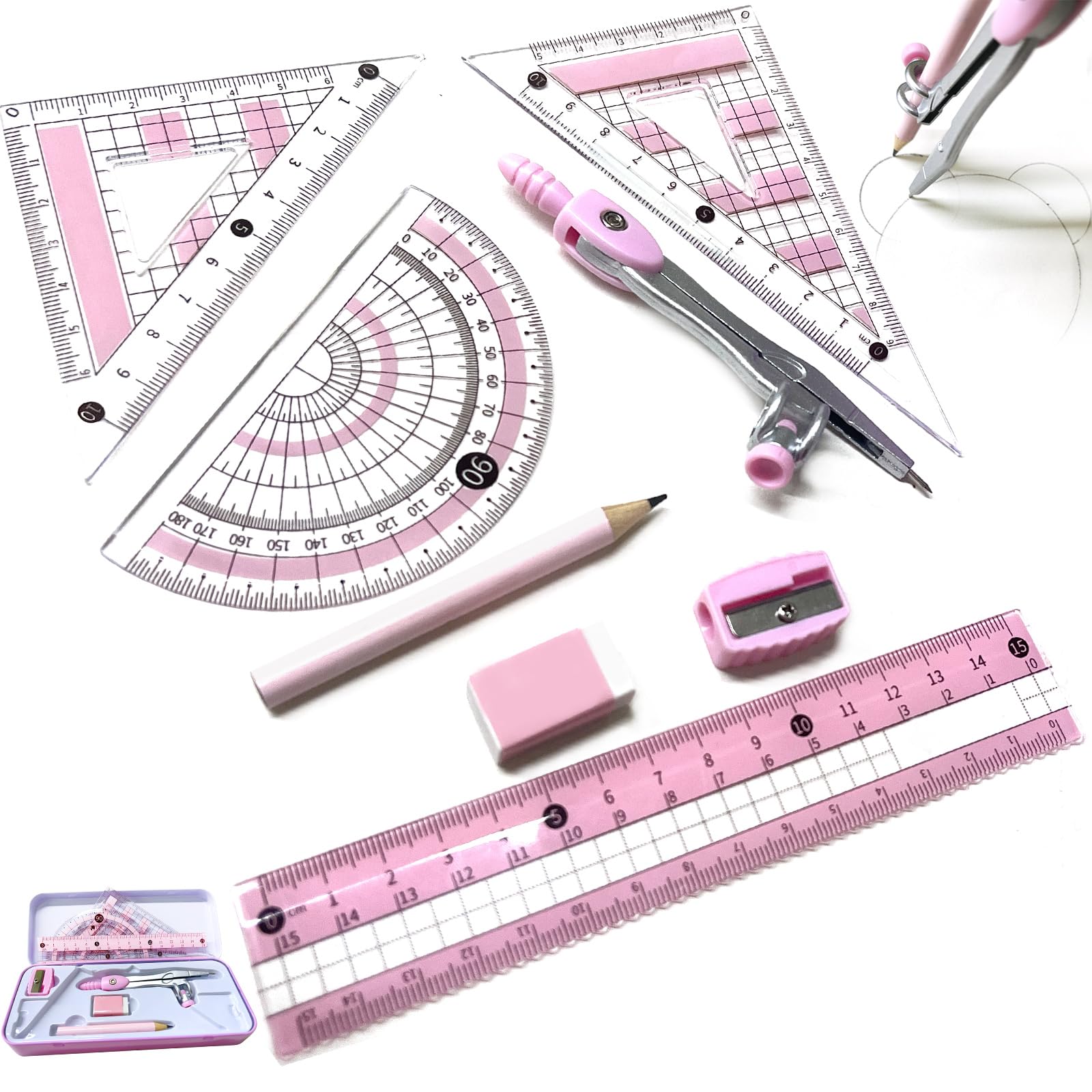 Maths Set, Geometry Sets - Protractor and Compass Set Square with Eraser Pencil Sharpener Ruler Math Geometry Tool Set, Drawing Compass Math Geometry Kit Back to School Stationery Set for Girls (Pink)
