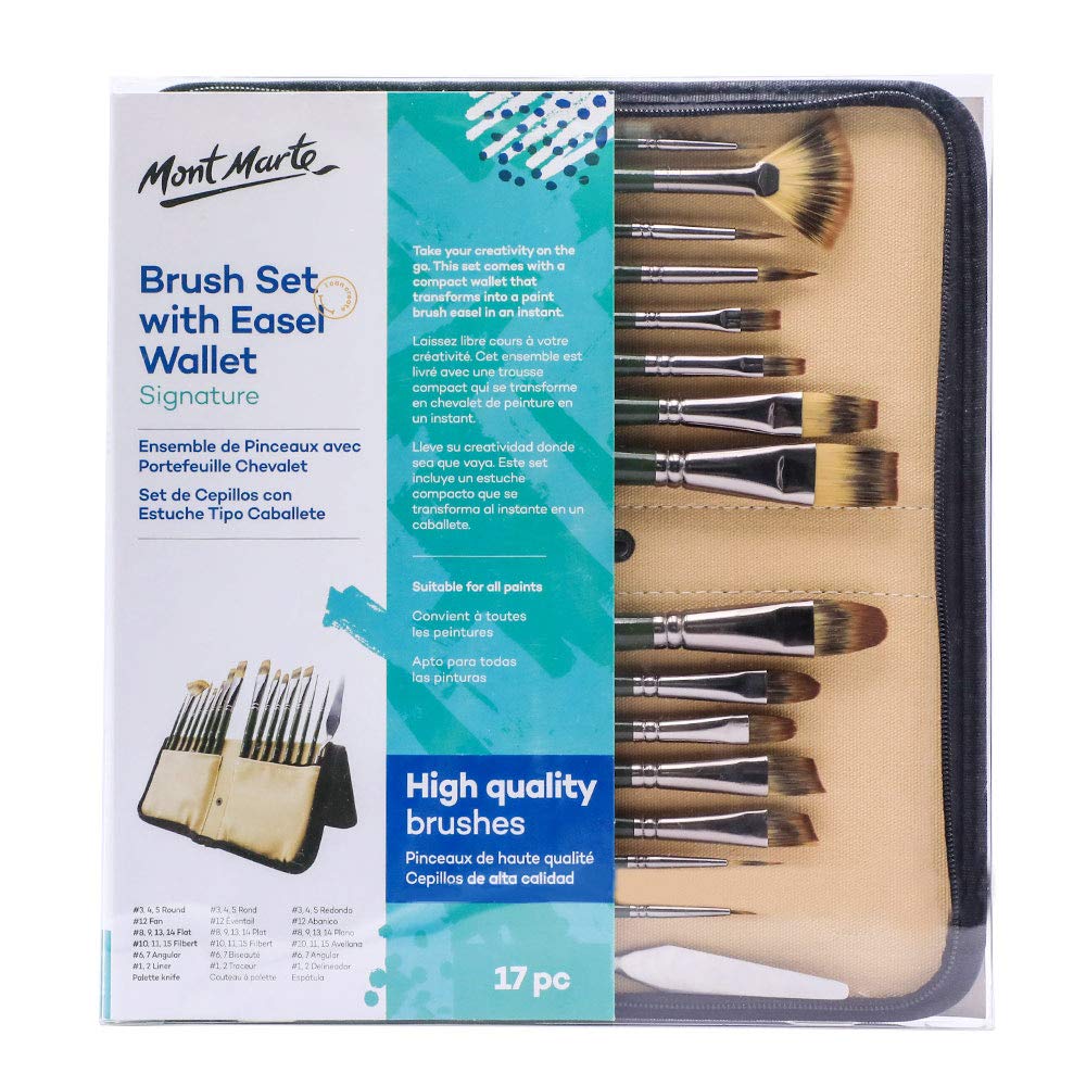 Mont Marte Paint Brush Set with Wallet, 17 Piece, Suitable for Oil, Acrylic, Watercolour and Gouache Paint, Easel Wallet Included
