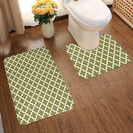 Art Fan Design Soft Comfort Flannel Bathroom Mats Olive Green Moroccan Non Slip Bath Mat Washable Entry Rugs 2pcs Set Carpet Rugs Amazon Co Uk Kitchen Home