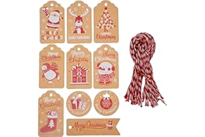 RIKWOG 100Pcs Christmas Tags, 10 Styles Christmas Kraft Paper Gift Tag Hang Labels with Cotton String for Christmas Gift Wrap DIY Xmas Present Wedding