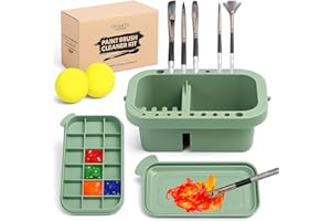 DUGATO 3-in-1 Paint Brush Cleaner, Washer, Holder & Palette - Artist Basin with Lid & Sponges for Acrylic, Watercolor, Oil Painting - Art Studio Organizer (Green)