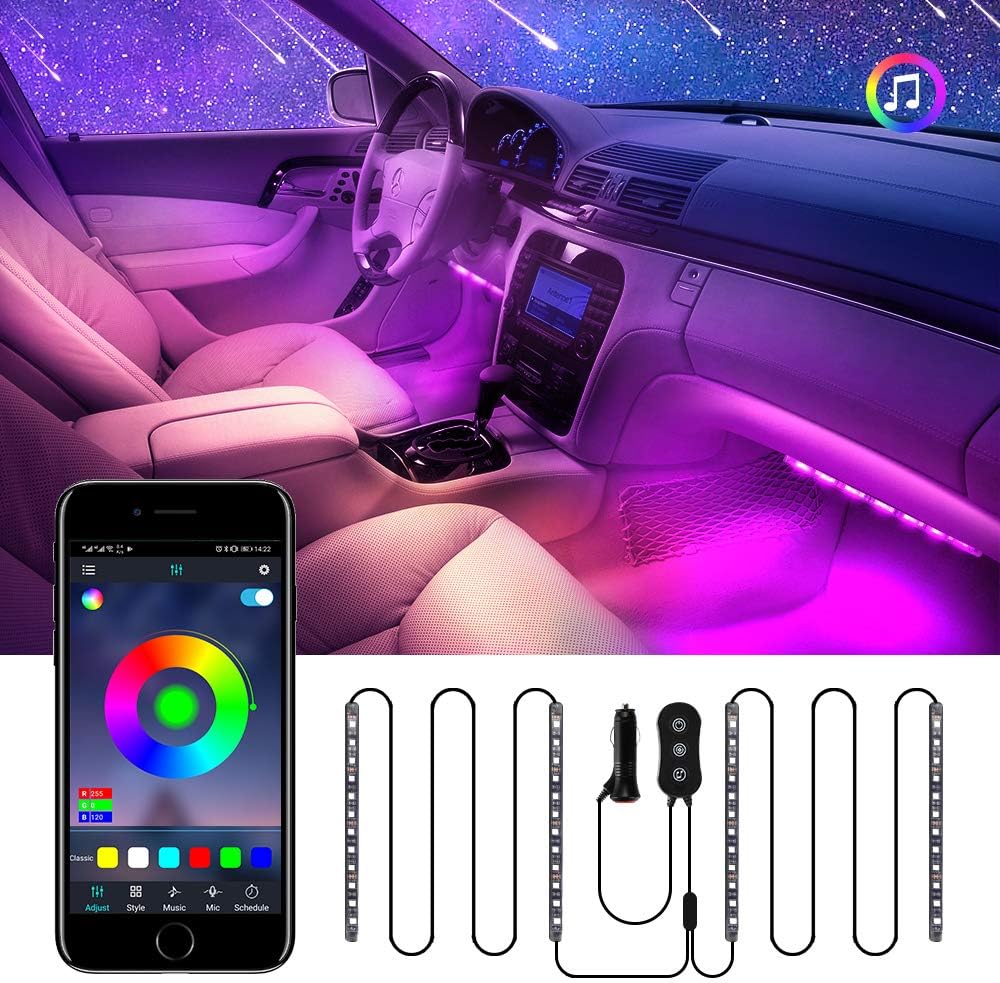 Tsumbay Interior Car Lights 4pcs 48 LED Car LED Strip Lights APP Controller IP67 Waterproof Lighting Kits with Sound Active Multi DIY Color Music with Car Charger, DC 12V - Decorations: Automotive