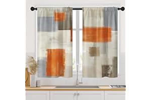 Tayney Beige Orange Painting Kitchen Curtains 45 Inch Length Grey Gray Window Curtains Over Sink Set of 2, Contemporary Short Tier Curtain for Kitchen, Abstract Kitchen Decor 42x45 Inch
