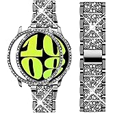 Mosonio Compatible with Samsung Galaxy Watch 8/7/6 Bands 40mm/44mm, 20mm Bling Metal Bands with Bling Protective Cover Case for Women, Shiny Watch Replacement Strap for Daily Wear