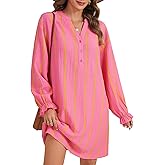 Umenlele Women's Striped V Neck Button Flounce Long Sleeve Dressy Casual Dress